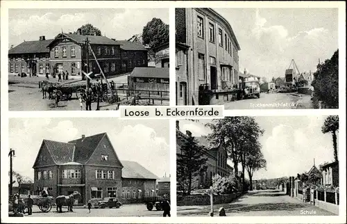 Ak Loose Schleswig Holstein, Trockenmilchfabrik, Gasthaus, Schule, Bahnschranke