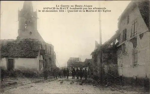 Ak Aspach le Haut Oberaspach Haut Rhin, Bombarde par les allemands, Quartier de la Mairie, Eglise