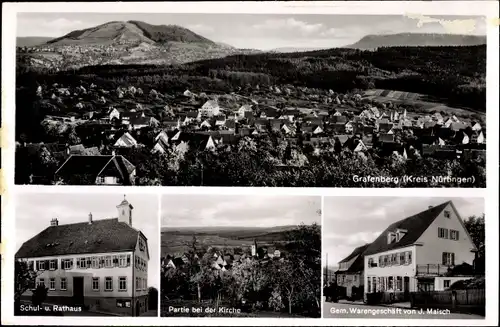 Ak Grafenberg Baden Württemberg, Gemischtwarenhandlung, Kirche, Schule, Rathaus, Totale