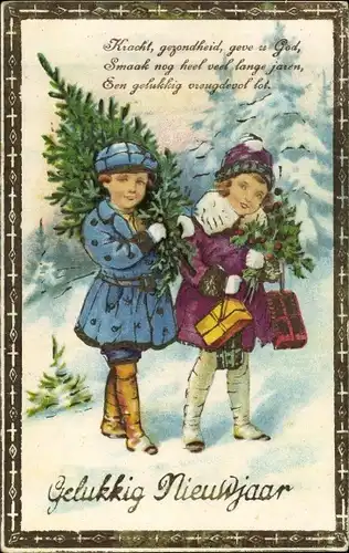 Ak Glückwunsch Neujahr, Kinder mit Tannenbaum und Geschenken