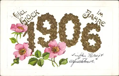 Ak Glückwunsch Neujahr 1906, Glücksklee, Blumen