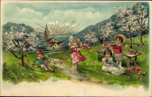 Litho Kinder spielen auf der Wiese, Bäume, Holzbank, Blumen