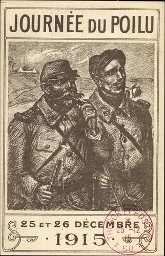 Künstler Ak Journée du Poilu, 25 et 26 Décembre 1915, Zwei französische Soldaten, Rose, Pfeife
