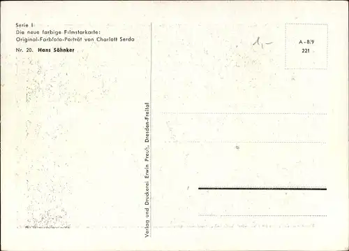 Ak Schauspieler Hans Söhnker, Farbiges Portrait