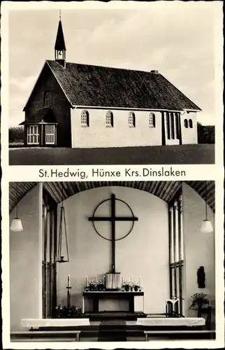 Ak Hünxe Niederrhein, St. Hedwig, Aussen- und Innenansicht