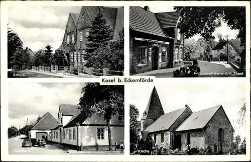 Ak Kosel in Schleswig Holstein, Geschäftshaus, Schule, Gasthaus, Kirche