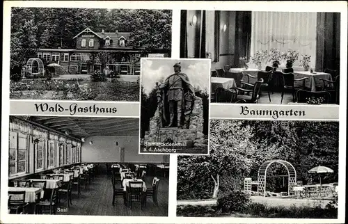 Ak Ascheffel, Wald Gasthaus Baumgarten, Saal, Bismarck Denkmal a. d. Aschberg