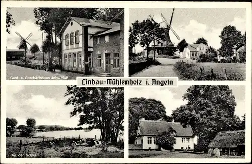 Ak Lindaumühlenholz Boren Angeln, Windmühle, Schlei, Geschäftshaus Johs. Haß