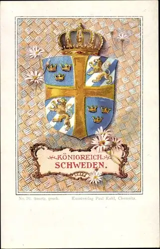 Wappen Litho Königreich Schweden, Margeriten, Krone