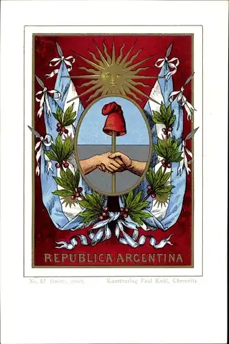 Wappen Litho Argentinien, Sonne, Mütze, Fahnen