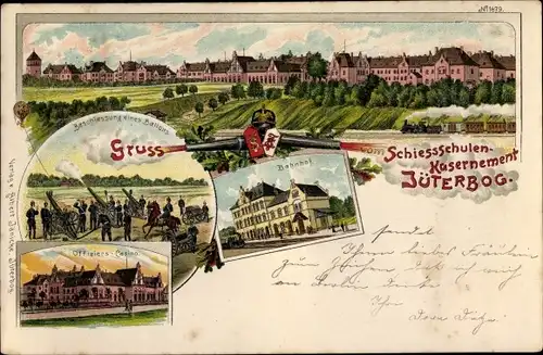 Litho Jüterbog in Brandenburg, Schießschulen Kasernement, Bahnhof, Offizierscasino, Ballon