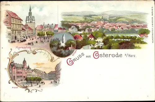 Litho Osterode am Harz, Marktplatz, Post, Alte Burg