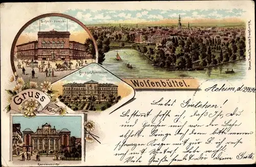 Litho Wolfenbüttel in Niedersachsen, Lehrerseminar, Herzogl. Gymnasium, Garnisonkirche, Totale