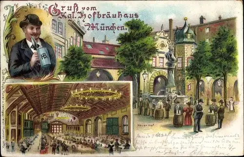 Litho München, Kgl. Hofbräuhaus, Neuer Hof, Saal