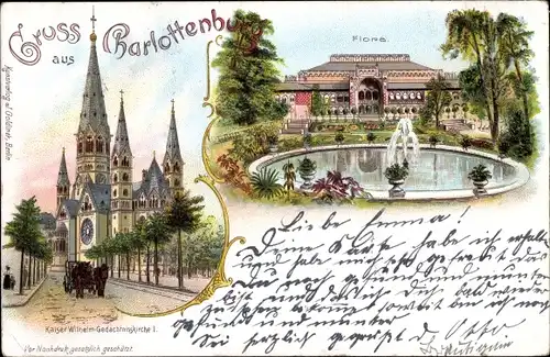 Litho Berlin Charlottenburg, Kaiser Wilhelm Gedächtniskirche, Parkanlagen an der Flora, Brunnen