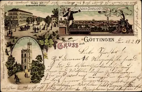 Litho Göttingen in Niedersachsen, Allee, Gebhards Hotel, Bismarckturm, Panorama