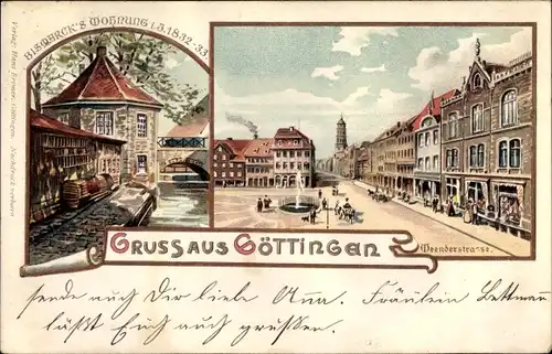 Litho Göttingen in Niedersachsen, Weender Straße, Bismarck's Wohnung 1832