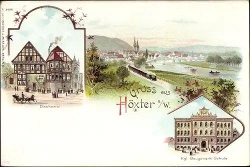 Litho Höxter an der Weser, Dechanei, Kgl. Baugewerkschule, Panorama