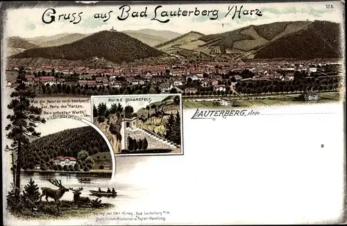 Litho Bad Lauterberg im Harz, Ruine Scharzfels, Wiesenbecker Teich, Panorama