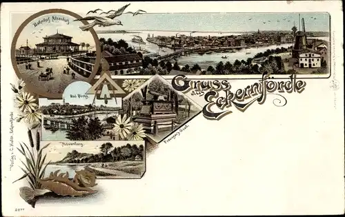 Litho Ostseebad Eckernförde, Bahnhof Altenhof, Mövenberg, Grab, Borby, Panorama