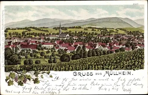 Litho Müllheim im Kreis Breisgau Hochschwarzwald, Panoramaansicht, Kirche