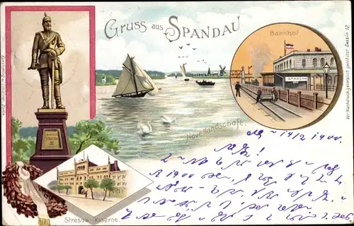 Litho Spandau Berlin, Stresow Kaserne, Havellandschaft, Bahnhof, Kaiser Friedrich III. Denkmal