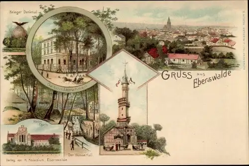 Litho Eberswalde im Kreis Barnim, Kriegerdenkmal, Gesundbrunnen, Wasserfall