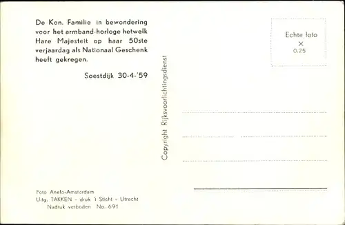 Ak Soestdijk Utrecht Niederlande, Königin Juliana der Niederlande, Prinz Bernhard, Beatrix, Armband