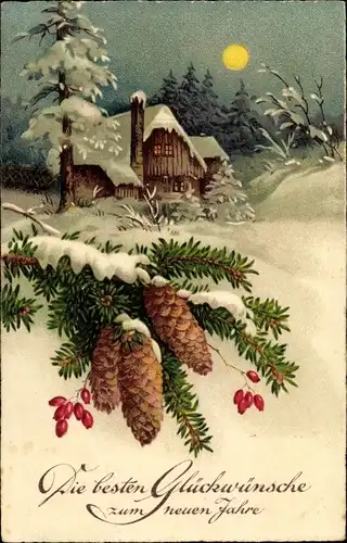 Ak Glückwunsch Neujahr, Haus in Winterlandschaft, Tannenzweige