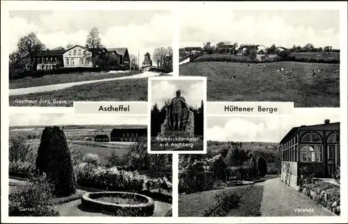 Ak Ascheffel im Kreis Eckernförde, Bismarckdenkmal, Gasthaus von Johns. Greve, Garten, Veranda