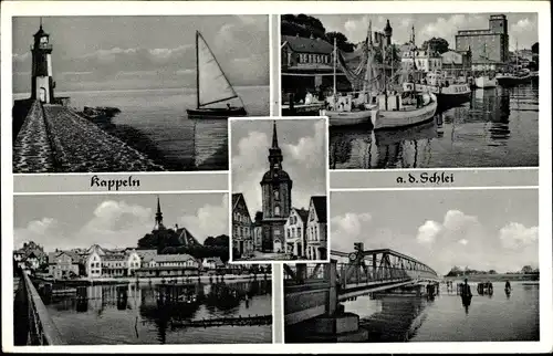 Ak Kappeln an der Schlei, Leuchtturm, Hafen, Kirche, Segelboot