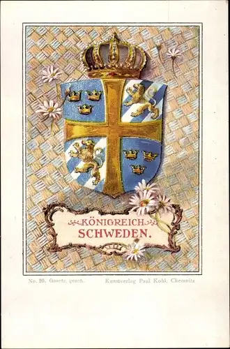 Wappen Litho Königreich Schweden, Margeriten, Krone