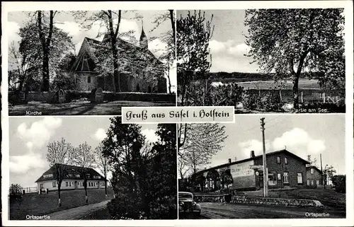 Ak Süsel in Ostholstein, Ehrenmal, Hauptstraße, Kirche, Seepartie