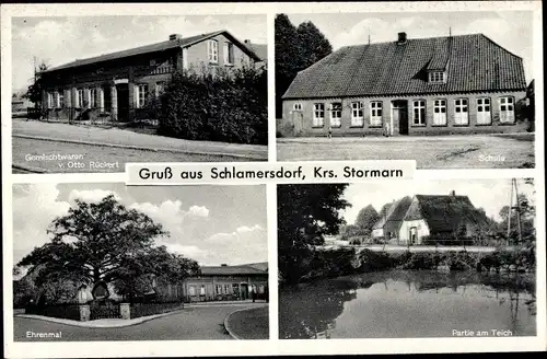 Ak Schlamersdorf Seedorf im Kreis Segeberg, Schule, Ehrenmal, Gemischtwarenhandlung