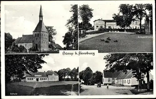 Ak Hürup in Schleswig Holstein, Kriegerehrenmal, Schule, Kirche