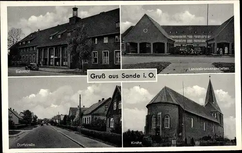 Ak Sande in Friesland, Landeskrankenanstalten, Kirche, Bahnhof, Dorfstraße