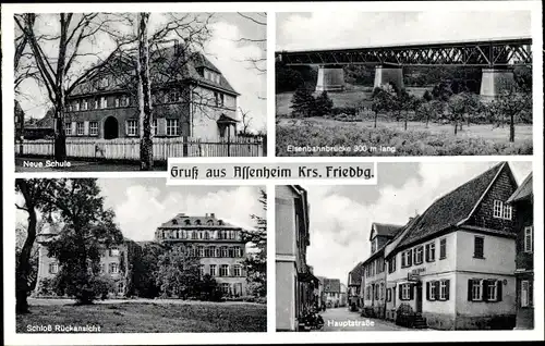 Ak Assenheim Niddatal Wetteraukreis, Neue Schule, Eisenbahnbrücke, Schloss, Hauptstraße