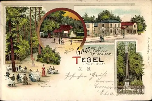 Litho Berlin Reinickendorf Tegel, Schloss Restaurant, Familien Kaffeküche, Humboldt Denkmal