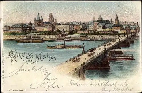 Litho Mainz am Rhein, Panorama, Brücke, Rheinpartie