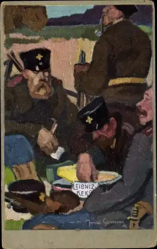Künstler Ak Goossens, Soldaten machen eine Pause, Regiment Stockach, Leibniz Keks Werbung