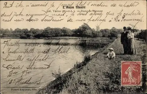 Ak Vezins Maine et Loire, Etang de Péronne, Familie am Ufer