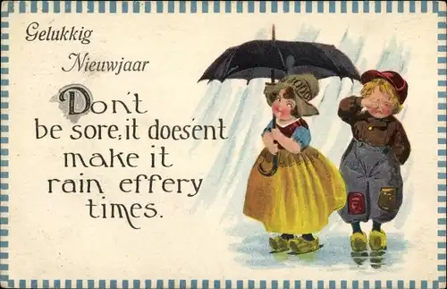 Ak Glückwunsch Neujahr, Kinder in niederländischer Tracht, Regenwetter, Regenschirm