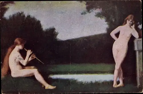 Künstler Ak Henner, Hirtenlied, Zwei nackte junge Frauen, Flöte spielend