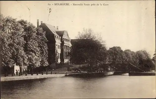 Ak Mulhouse Mülhausen Elsass Haut Rhin, Nouvelle Poste pres de la Gare