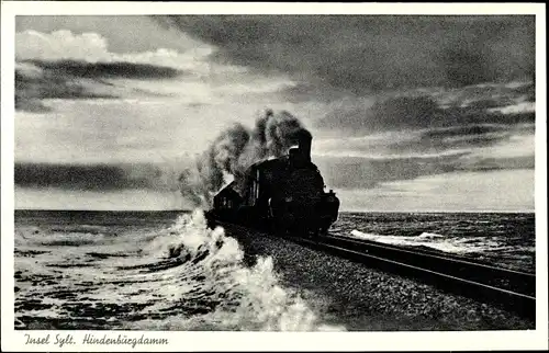 Ak Sylt in Nordfriesland, Eisenbahn auf dem Hindenburgdamm,