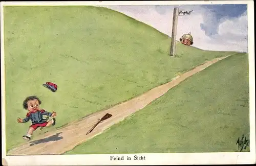 Künstler Ak Scheuermann, Willi, Feind in Sicht, Kinder als Soldaten, Krieg, Flucht