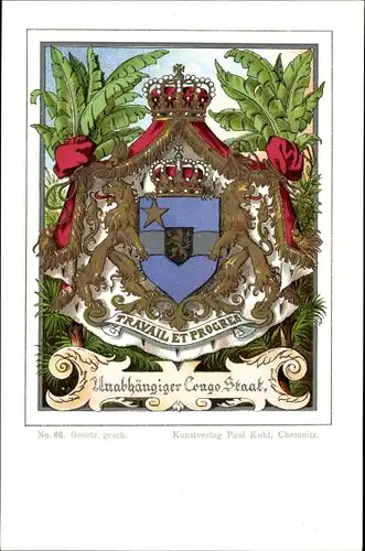 Wappen Litho Unabhängiger Congo Staat, Kongo, Zaire, Travail et Progres