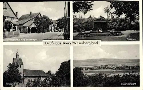 Ak Börry Emmerthal Niedersachsen, Kirche, Panorama, Ehrenmal, Geschäft Aug. Seelemeyer