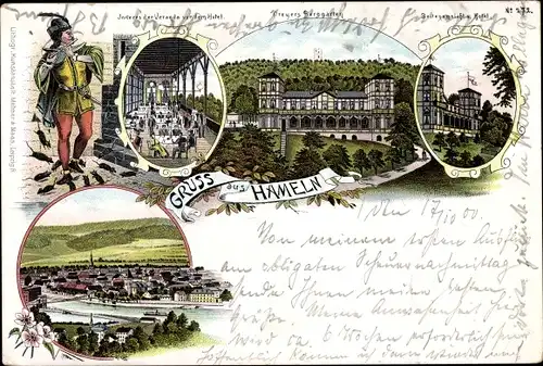 Litho Hameln an der Weser Niedersachsen, Dreyers Berggarten, Hotel, Panorama, Rattenfänger