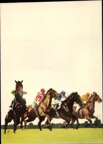 Künstler Ak Hohlwein, Ludwig, Hoppegarten, Vollblutpferde, Jockeys, Pferderennen